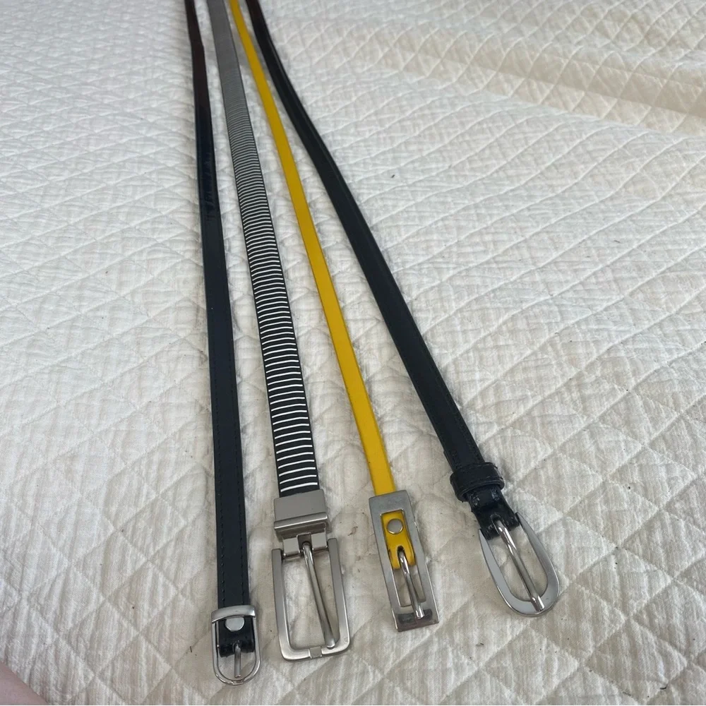 Bundle of 4 Classic Skinny Belts black, striped, yellow silver-tone buckle 30”